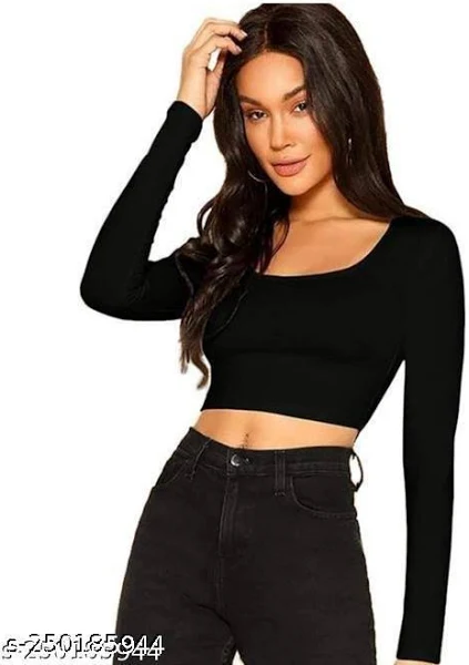 Women's Slim Fit Crop Long Sleeve Scoop Neck Solid Color T-Shirt